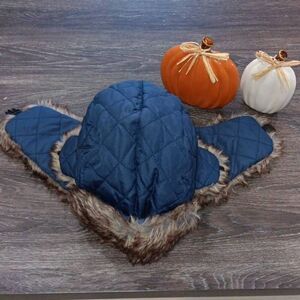 SA CO Trapper Hat Color Navy with Brown & Tan Faux Fur Ear Flaps with Snap NWT